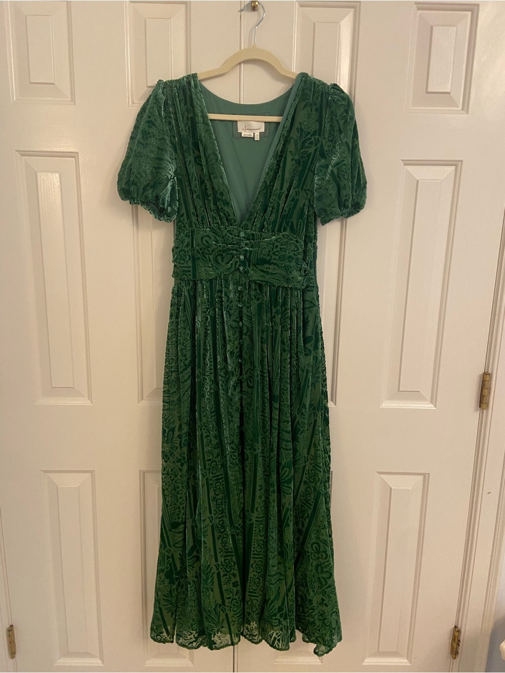 Anthropologie Emerald Green Velvet Burnout Midi Dress